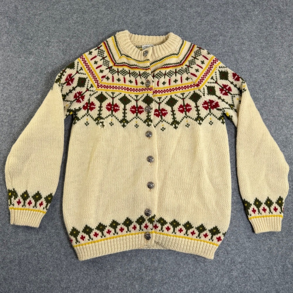 Vintage Tailored Penneys Classic 100% Wool Fair Isle Cardigan Sweater Cream S/M